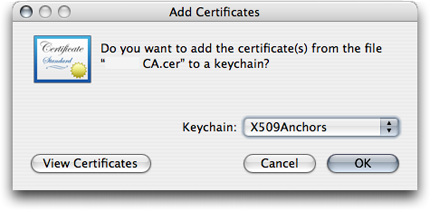 Import the certificate into X.509Anchors dialog box