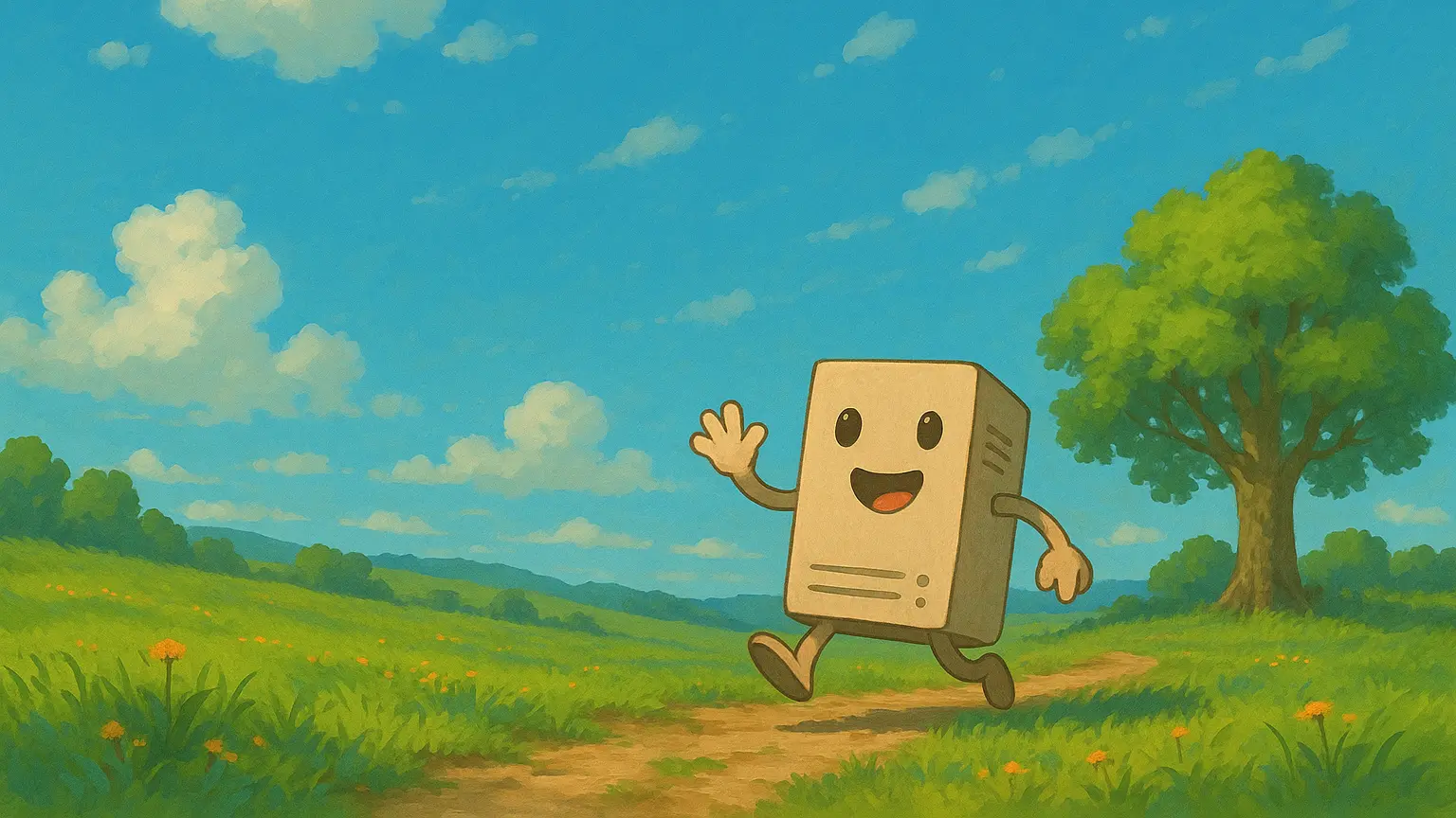 The image is a vibrant, whimsical landscape inspired by Studio Ghibli’s art style. It depicts a lush green meadow dotted with small yellow flowers, gently rolling hills stretching into the distance, and a dirt path winding through the scene. A cheerful, anthropomorphic server — a beige, cartoon-like computer tower with big eyes, a smiling mouth, and limbs — is happily jogging along the path, waving one hand in greeting. A large, leafy tree stands to the right, providing shade and adding to the idyllic countryside feel. Fluffy white clouds drift across a bright blue sky, completing the serene yet playful atmosphere.