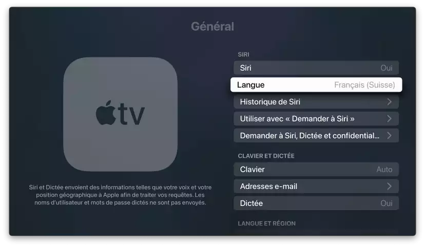 Screenshot of the Apple TV settings showing Siri activated for Switzerland