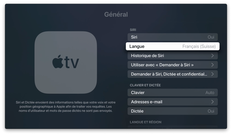 Screenshot of the Apple TV settings showing Siri activated for Switzerland
