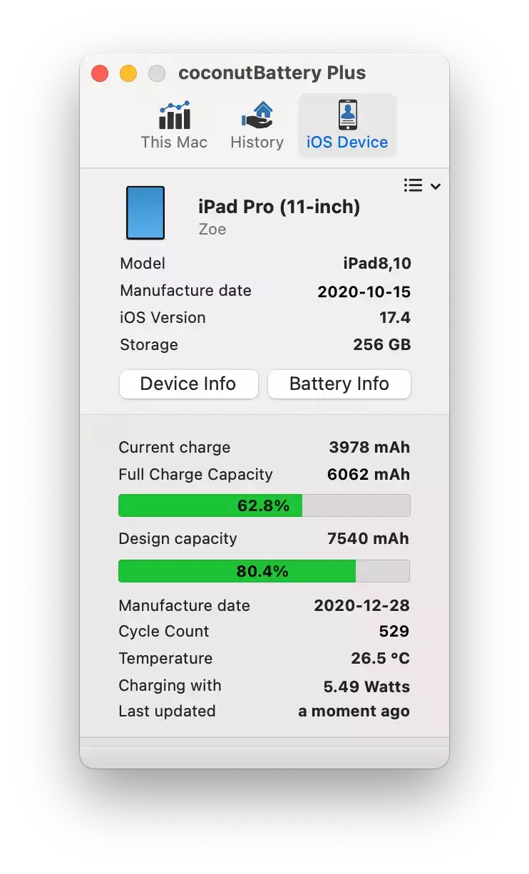 Coconutbattery ipad report screenshot showing the design capacity close to 80%