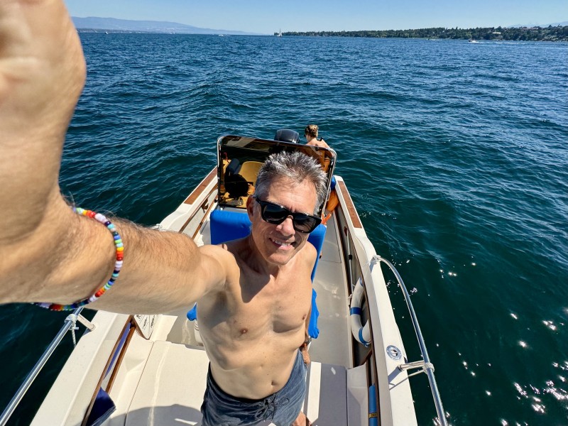 Selfie on the boat this morning. Blue skies above on emerald waters.