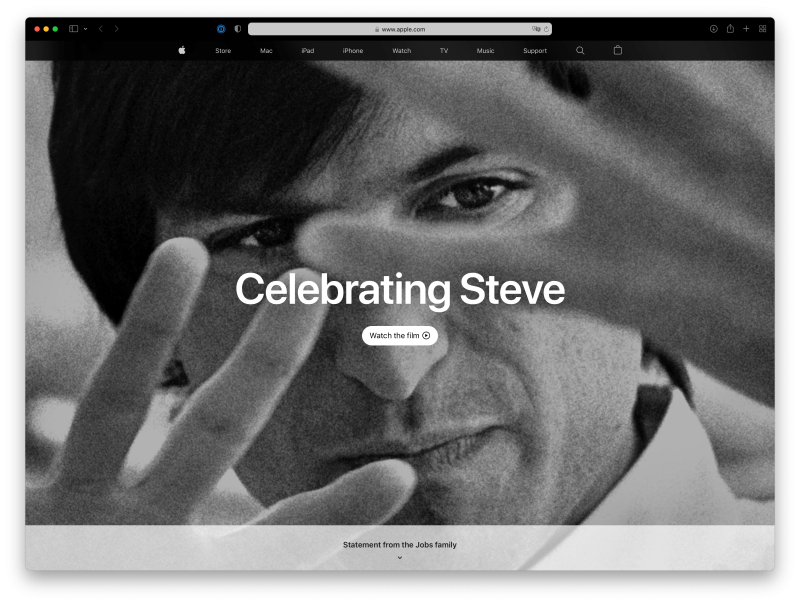 Screenshot of apple.com displaying a black and white photo of Steve Jobs with his hands in front of his face, probably explaining something with passion