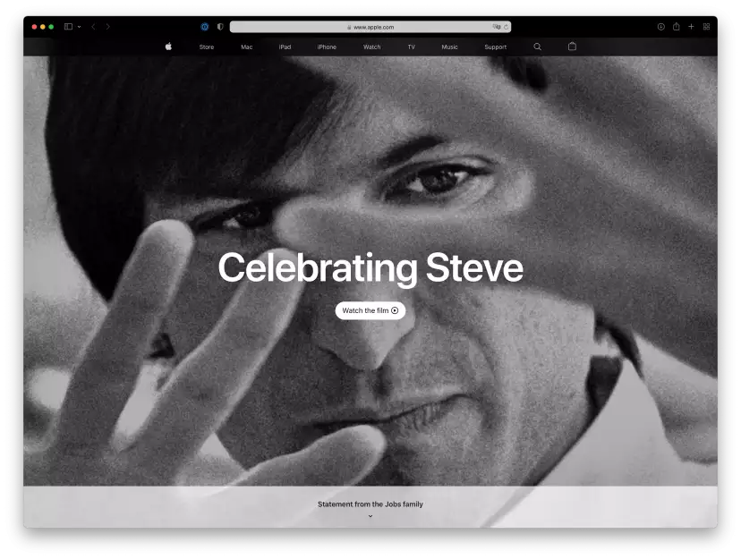 Screenshot of apple.com displaying a black and white photo of Steve Jobs with his hands in front of his face, probably explaining something with passion