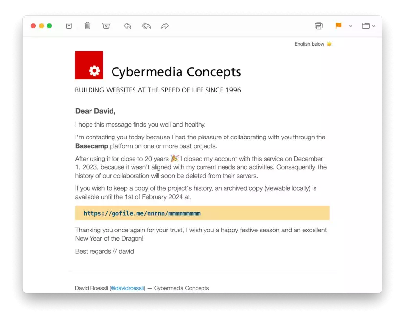 A screenshot of the mail I sent my main clients