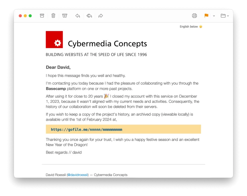 A screenshot of the mail I sent my main clients