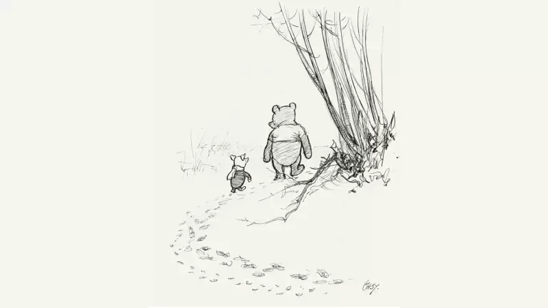 Pooh and Piglet following tracks in the snow
