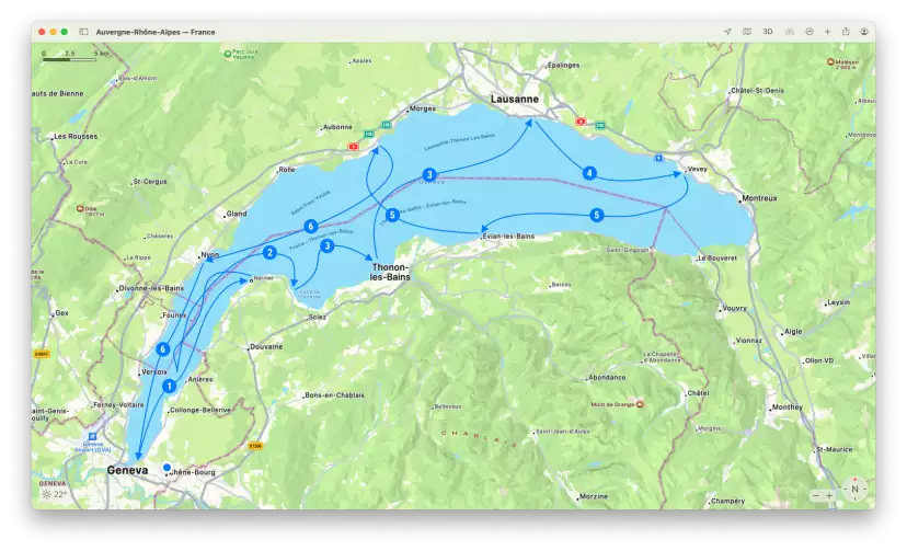 Map of our itinerary on the Lake of Geneva
