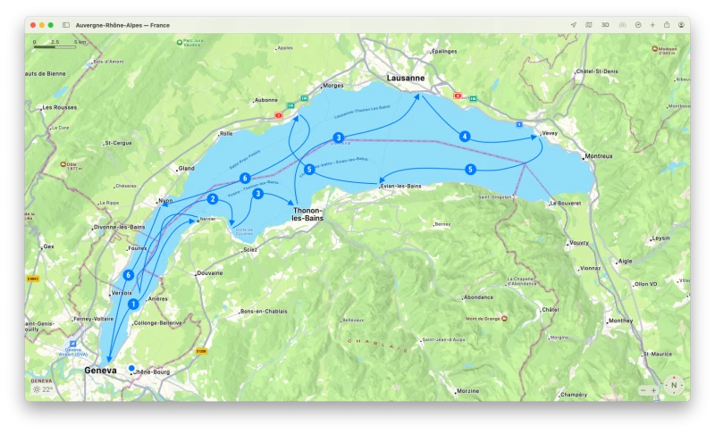 Map of our itinerary on the Lake of Geneva