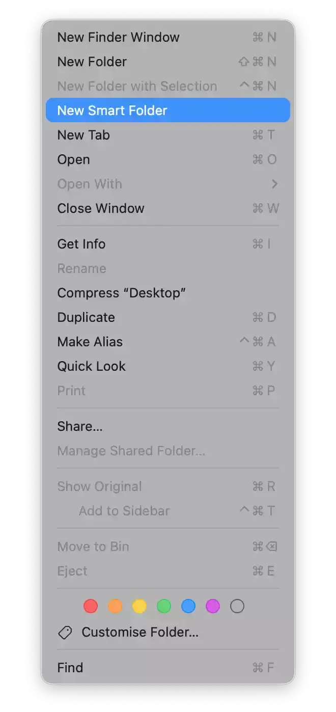 Screenhot of Foinder File menu without icons