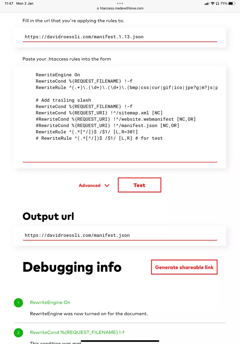 Screenshot of htaccess tester