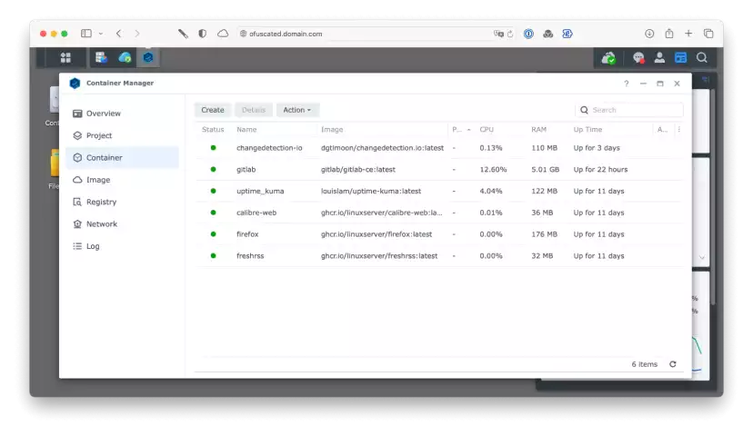 Screenshot showing my Docker containers on my Synology