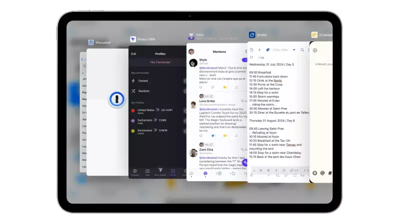 A screenshot of iPadOS 18 Slide Over apps fanned out framed in an iPad 11"