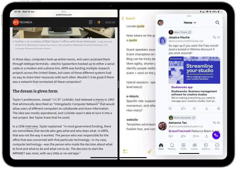 iPad screenshot of 2 apps in Split View, and 1 in Slide Over