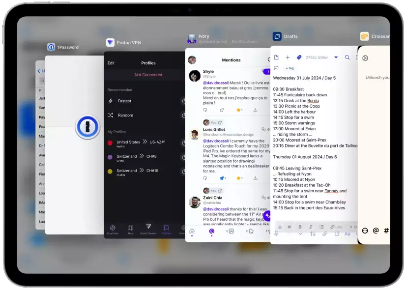 iPad screenshot showing iPadOS 18 Slide Over stacked apps
