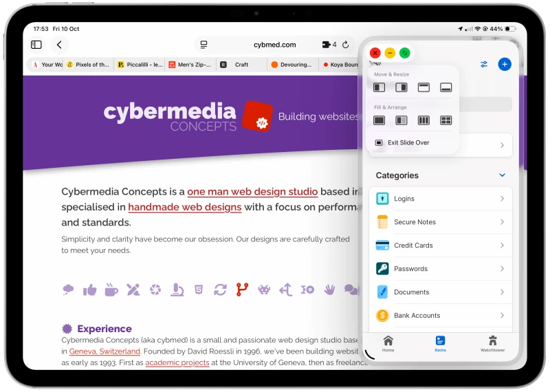 1Password in Slide Over mode over Safari
