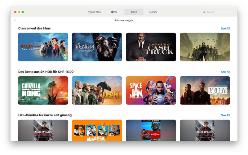 Apple TV app Store French selection with content labels in German