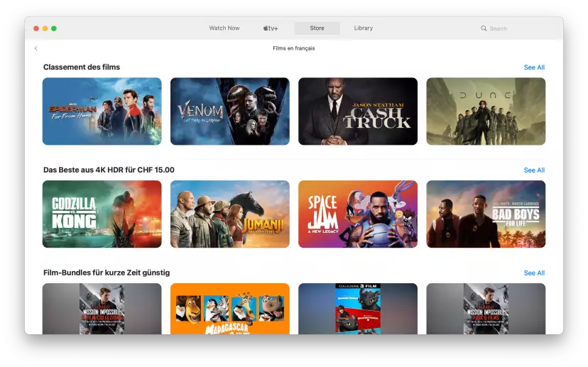 Apple TV app Store French selection with content labels in German