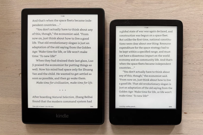 Both Kindles lit up side by side showing the same display crispness