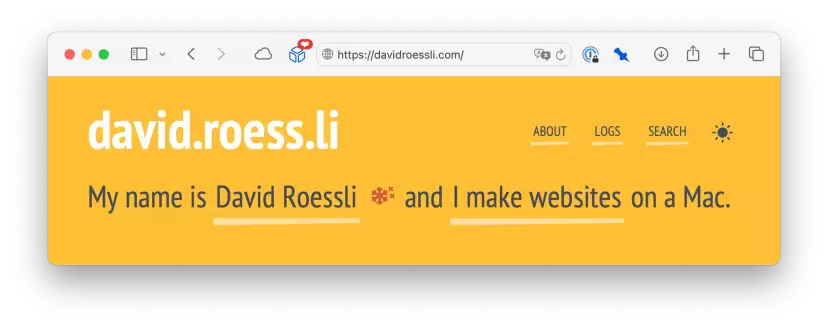 Screenshot of my website's header with the snowflake toggle in red