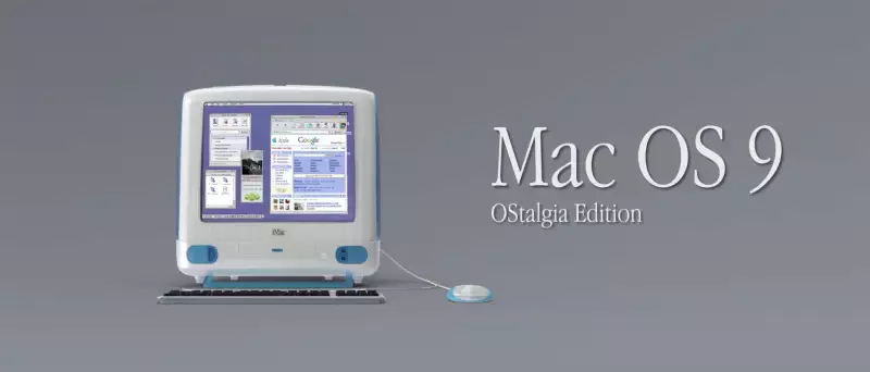 The original Bondy Blue iMac on a Mac OS 9 gray desktop colour background