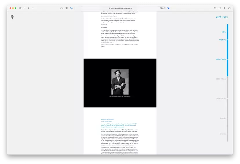 Zoomed out view of the book's sections when clicking of the right hand side timeline