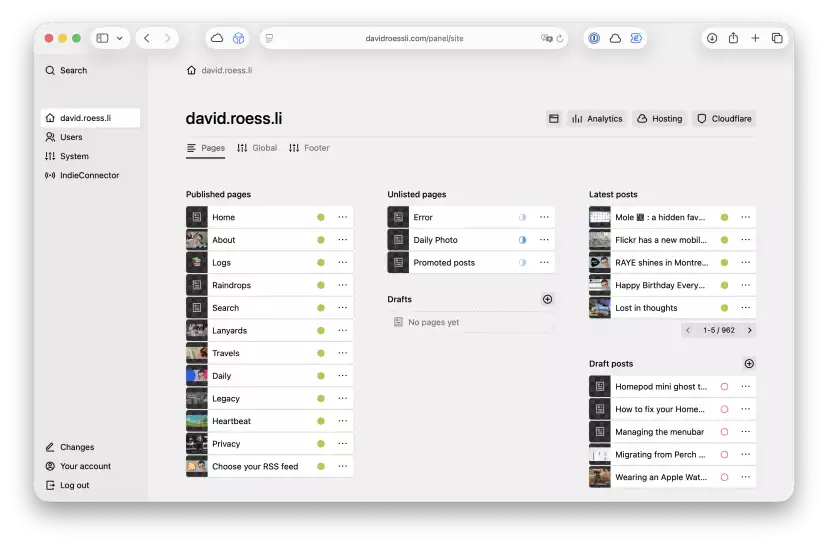 Screenshot of my Kirby panel showing the static pages on the 1st column, the unlisted pages in the 2nd column and the posts in the third.