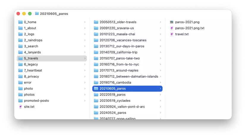 Finder displaying the content directory structure in column view, with travels folder selected and a trip selected (Paros 2015)