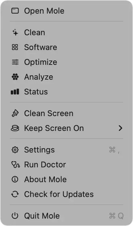 Mole menubar right-click menu
