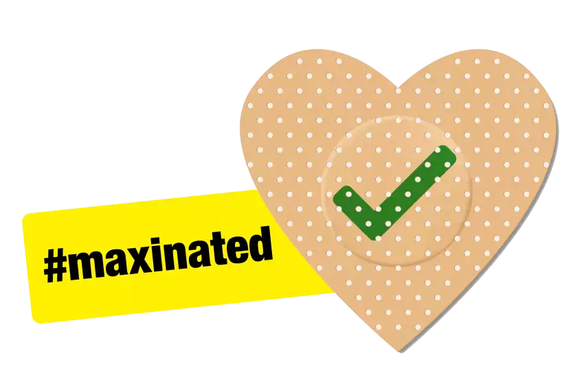 A plaster shaped as a heart with a green check mark and the hashtag maxinated