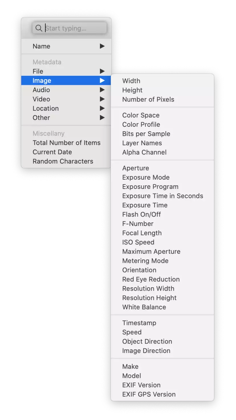 Dropdown menu of image meta you can use in your workflow
