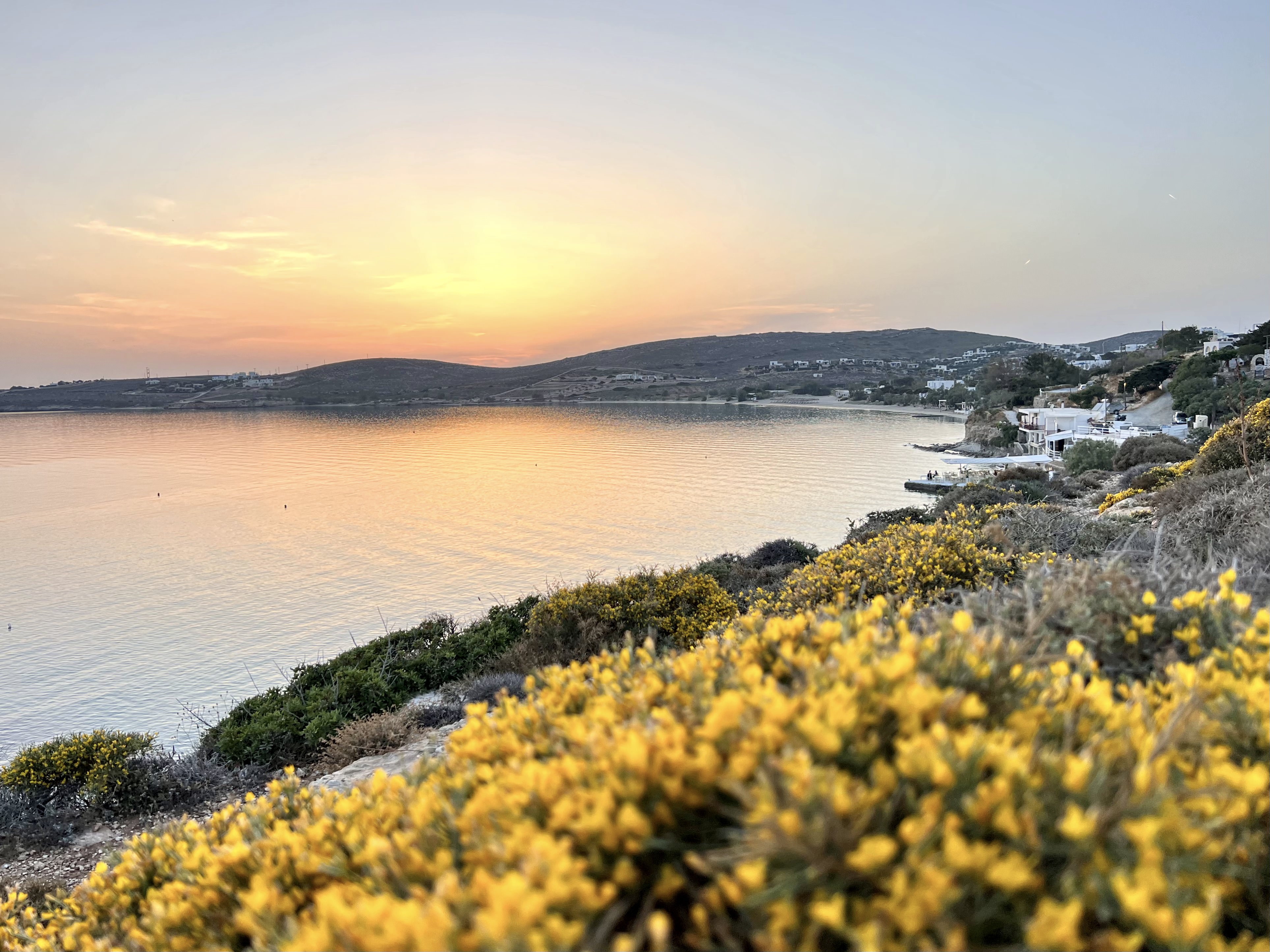 Sunset on the bay of Pariki on the cliff between Livadia and Krios