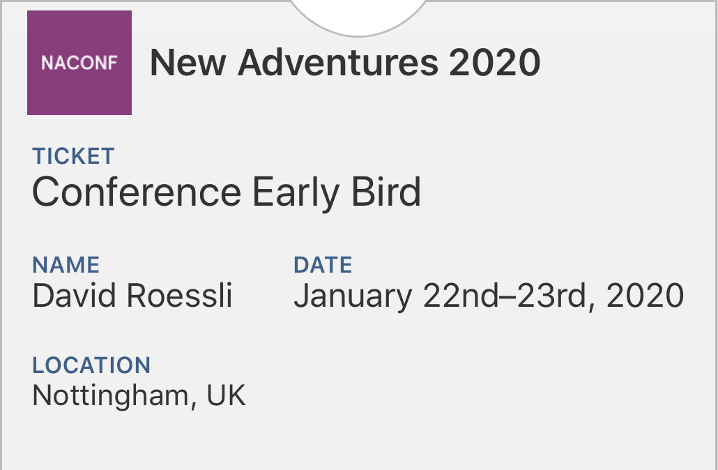 New Adventures 2020 ticket in wallet