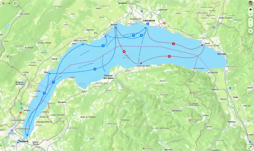 Map of Lake Geneva displaying our itinerary. Sunday, we sheltered from the changing weather in Lausanne, and altered our plans.