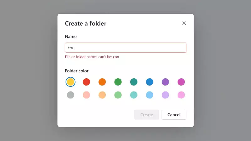Office online create directory dialog box: file of folder can't be: 'con'