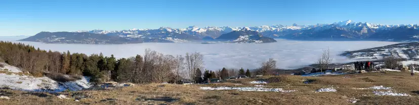 Looking south to towards the Alps from the top of the Salève. It feels like we are surrounded by a sea of clouds. An island in the sun.