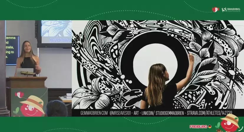 Gemma's intro slide with her contact details beneath a stunning black and white floral mural