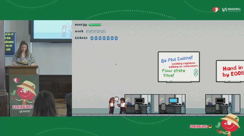 A final screen of her game, depicting a helper and citations from other talks on the wall