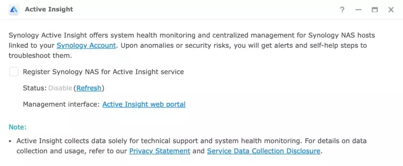 Active Insights settings (unregistered NAS)