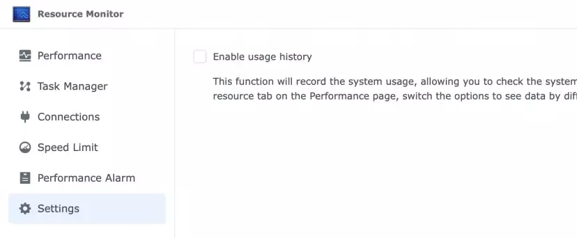 Ressource Monitor settings displaying the unchecked Enable usage history