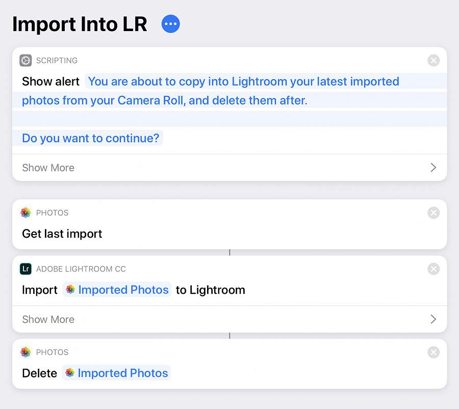 Screenshot of the Shortcut to import your RAW photos into Lightroom