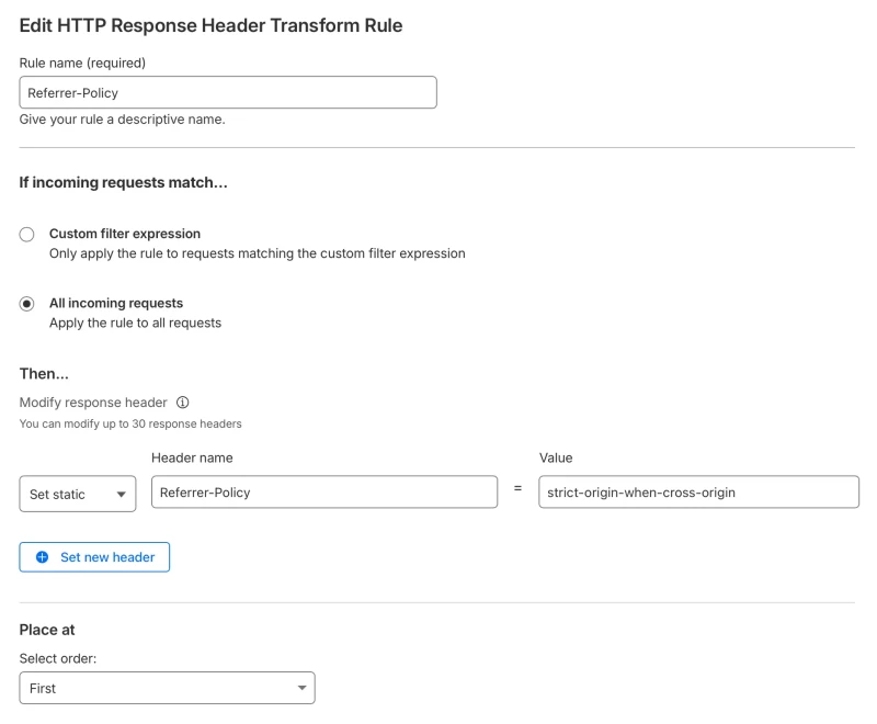 Cloudflare form for creating a new HTTP reponse header rule