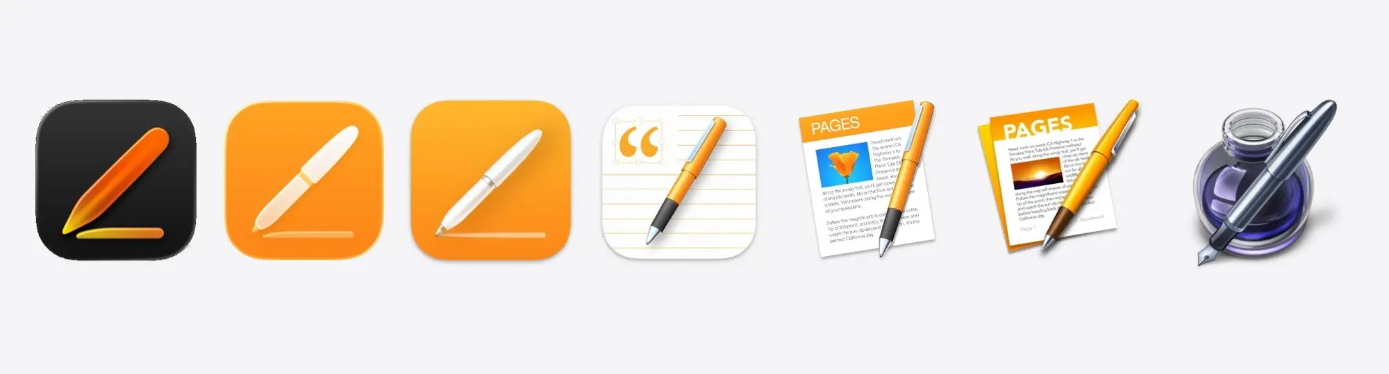 Apple Pages app icons through time, stating with the latest.