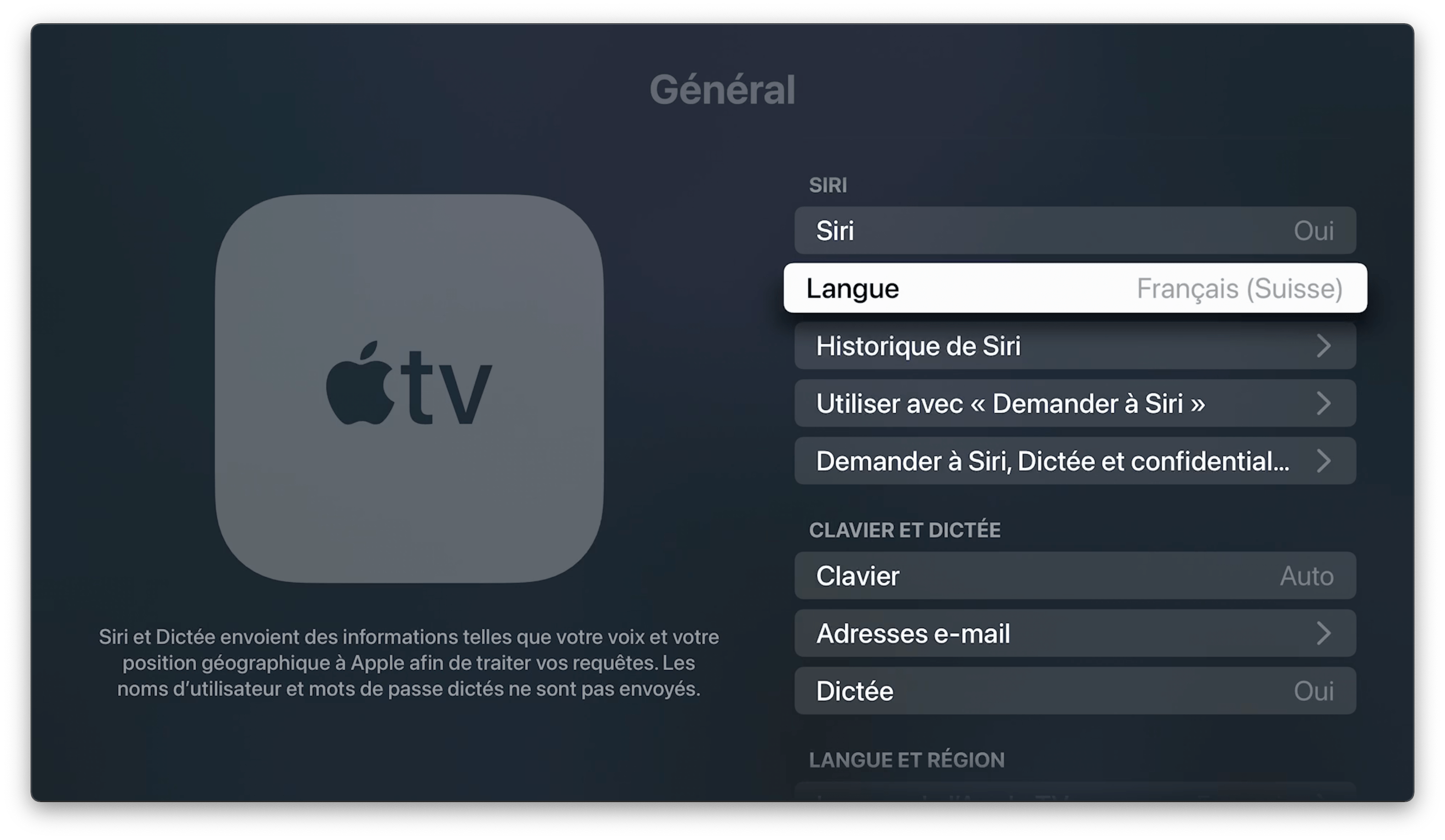 Screenshot of the Apple TV settings showing Siri activated for Switzerland