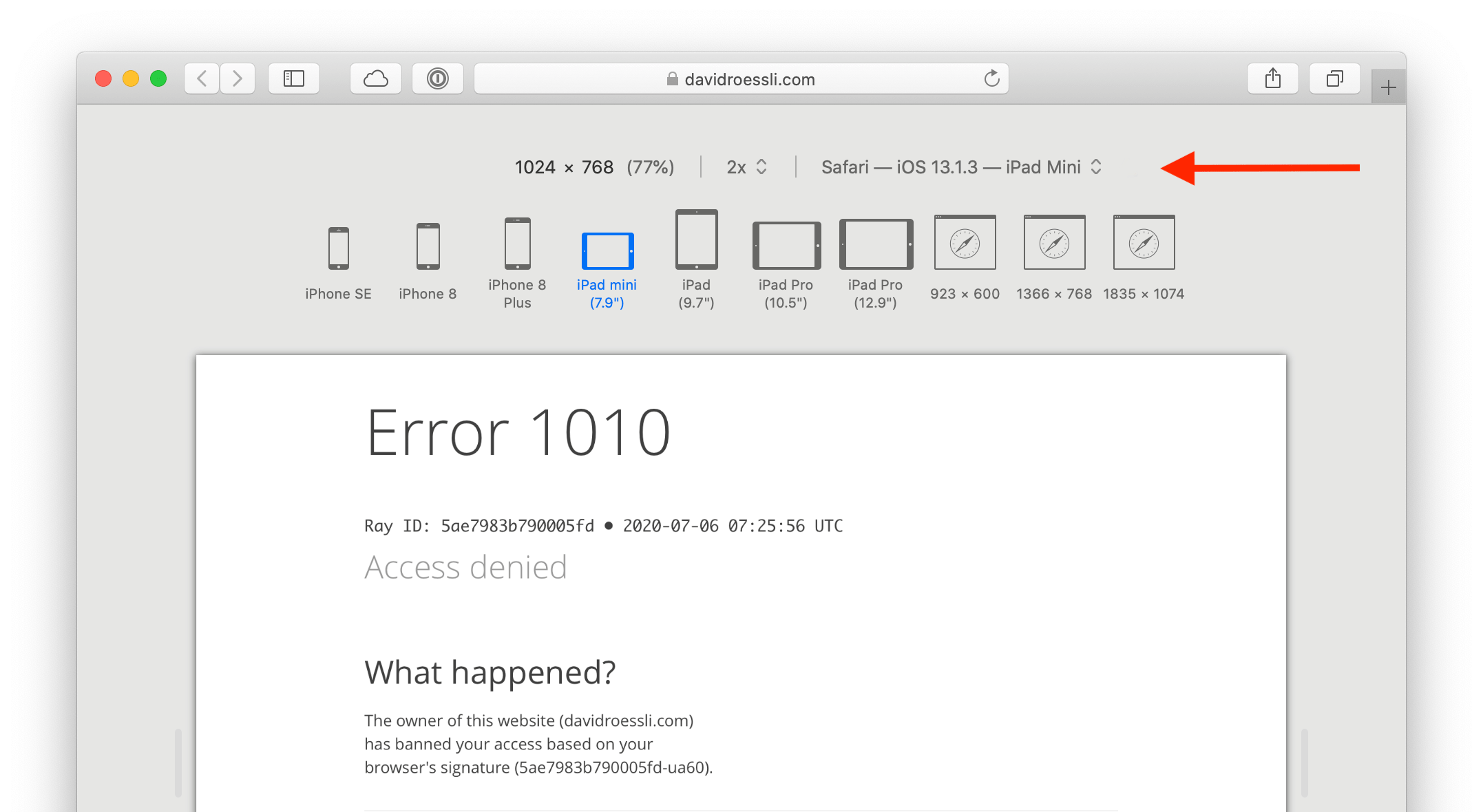 Screenshot of Cloudflare's 1010 error with Safari iPad user agent