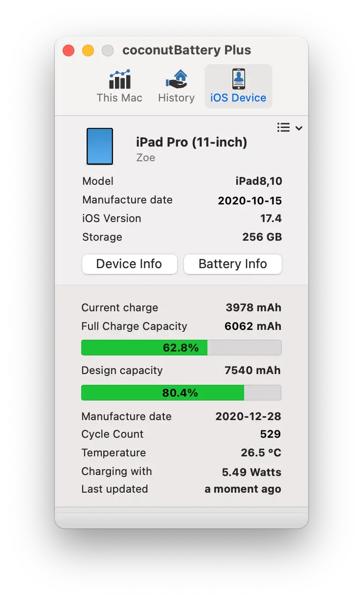 Coconutbattery ipad report screenshot showing the design capacity close to 80%