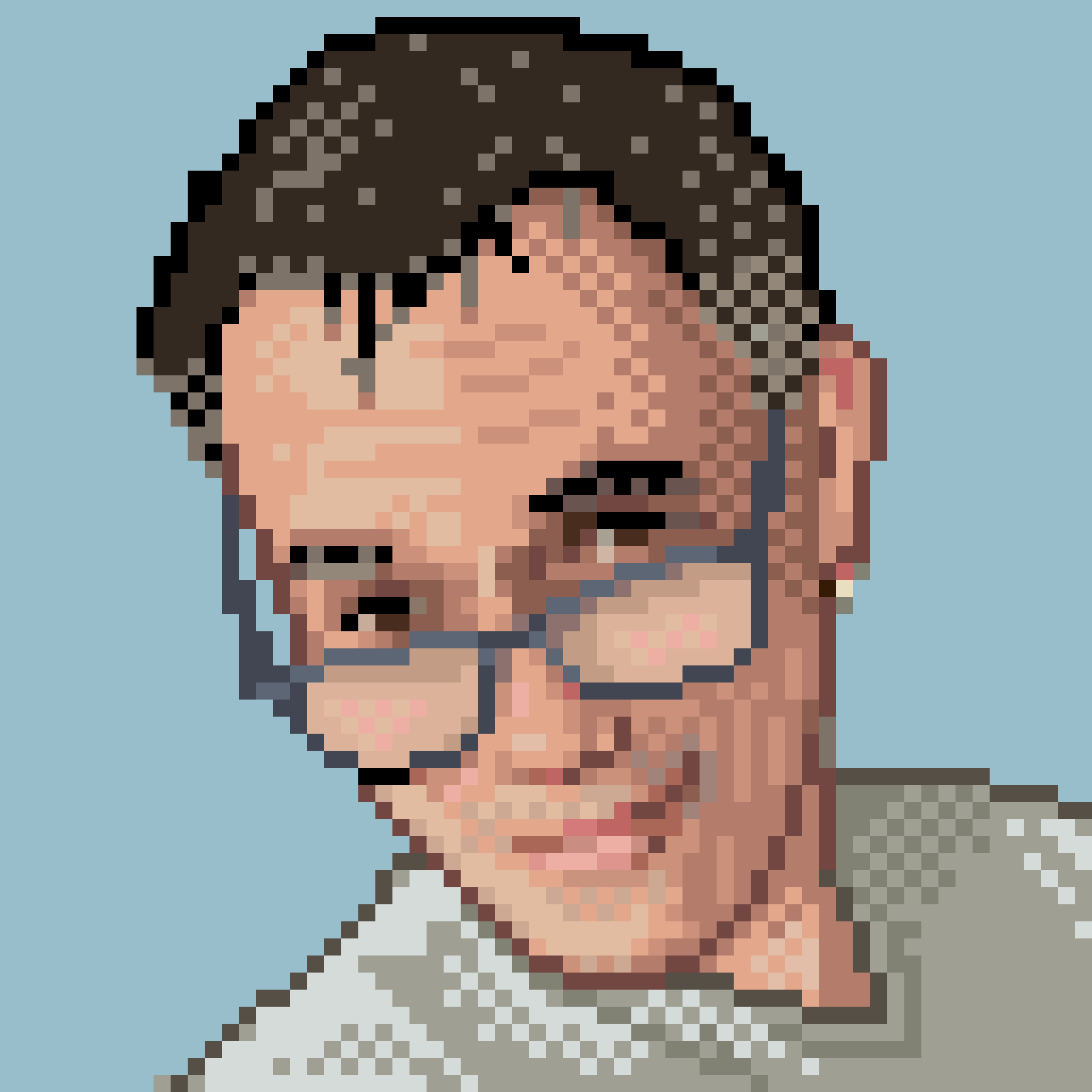 My pixel portrait wearing glasses looking strait at you on a light blue background