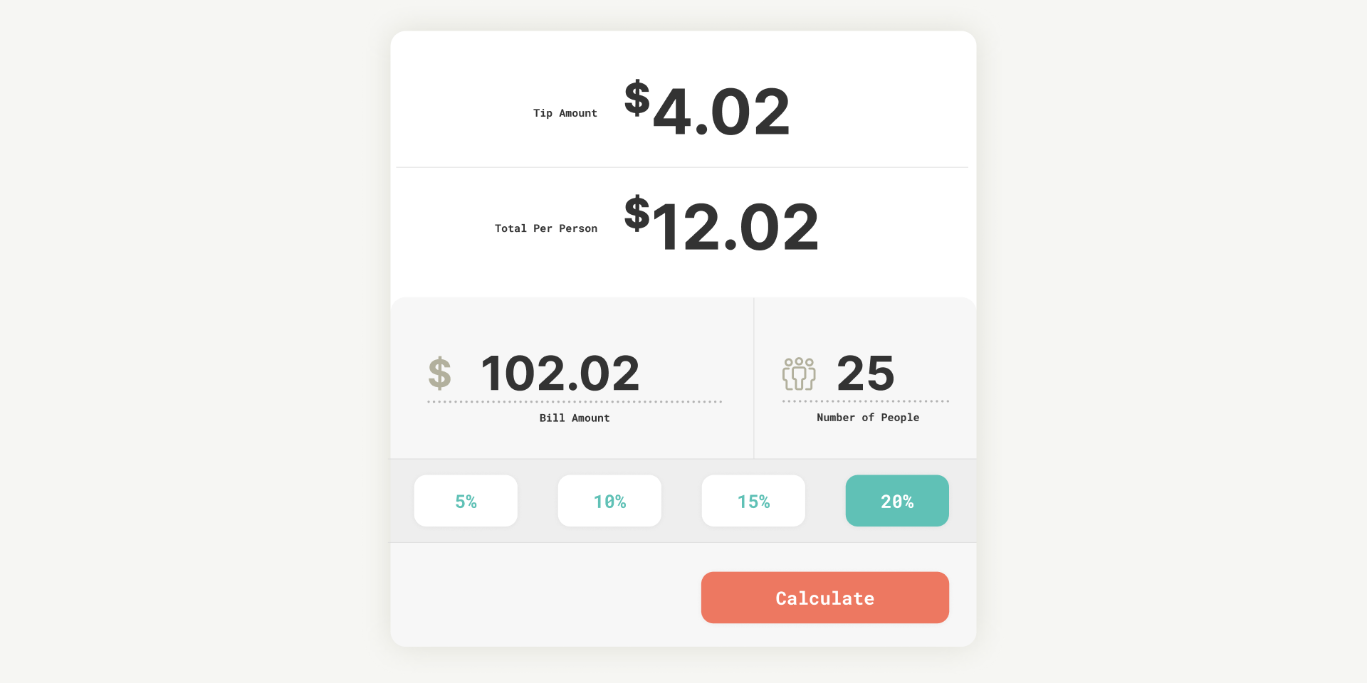 The tip calculator form is composed of the calculated amounts n top and the bill and number of people below. The tips are aligned below.