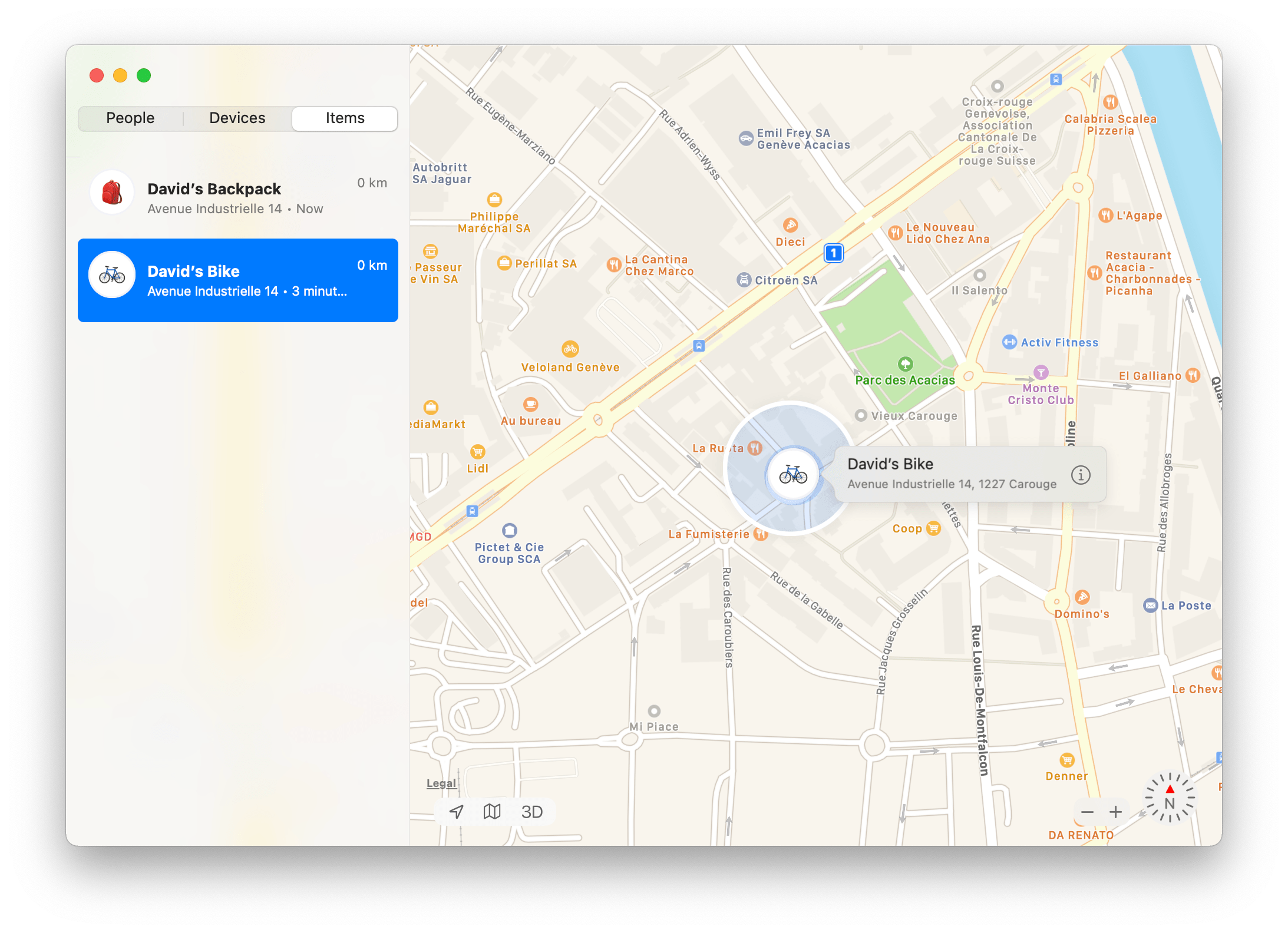 A screenshot of the Find My app displaying my items