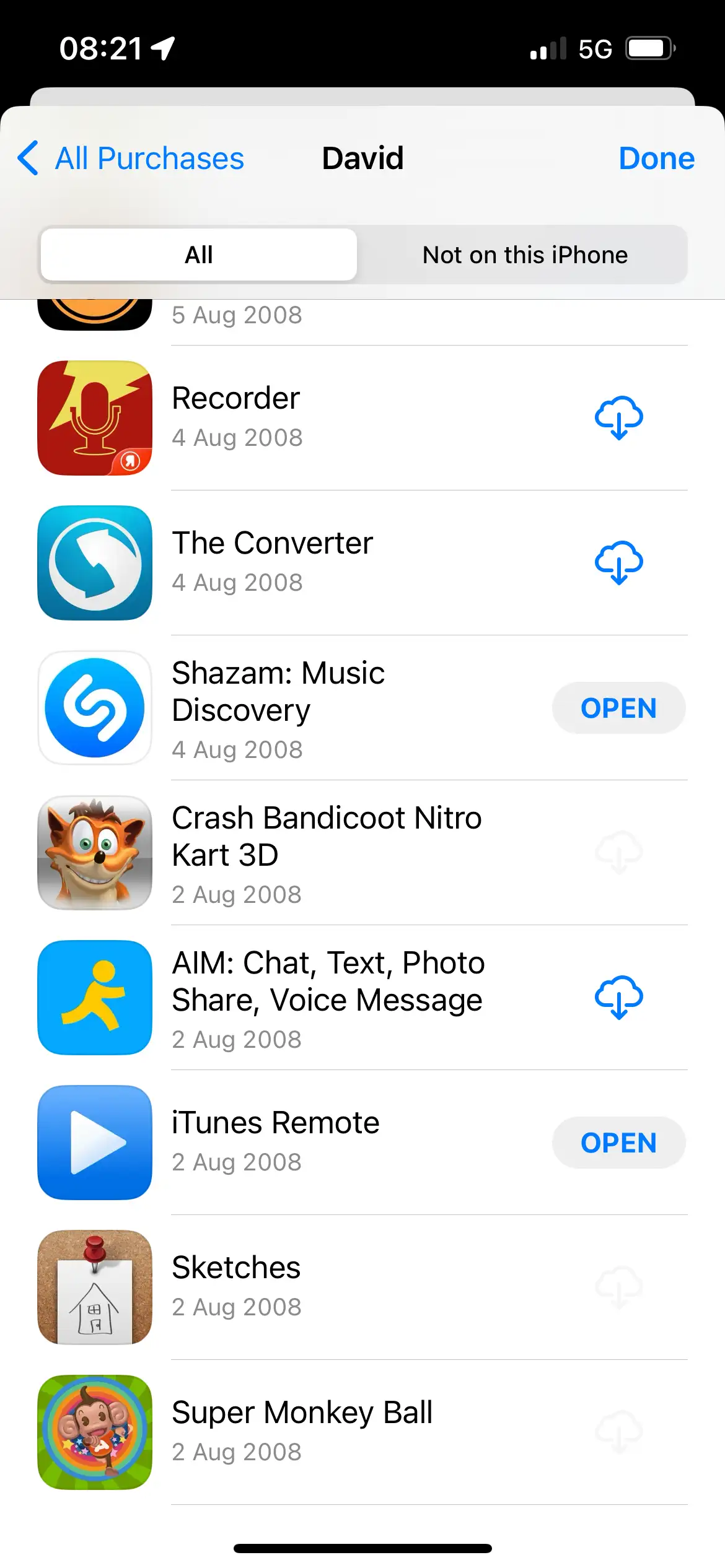 A screenshot of my first App Store purchase going back to Aug 2nd, 2008